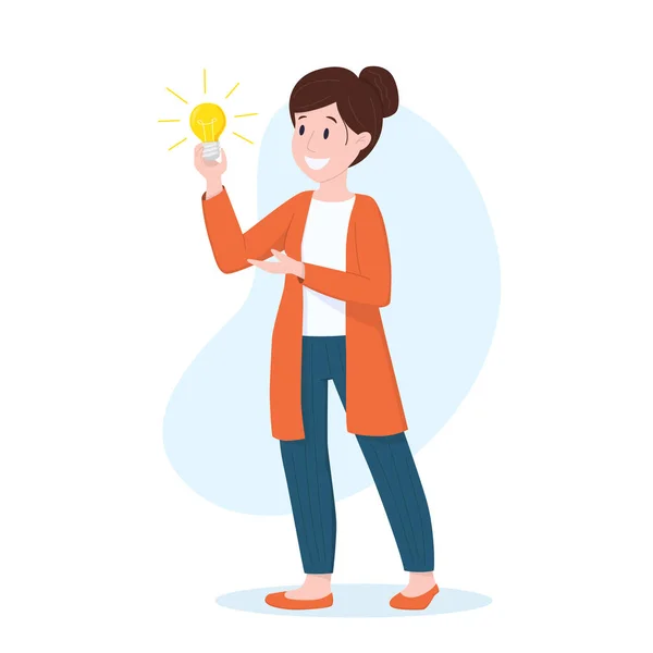 Ilustración vectorial: concepto de idea de negocio. Mujer con una bombilla. — Vector de stock