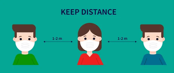 Düz vektör illüstrasyonu: sosyal uzaklık. Tıbbi maske takanlar, Covid-19 koronavirüsüne yakalanma riski nedeniyle mesafelerini koruyorlar. Sağlık hizmeti kavramı.
