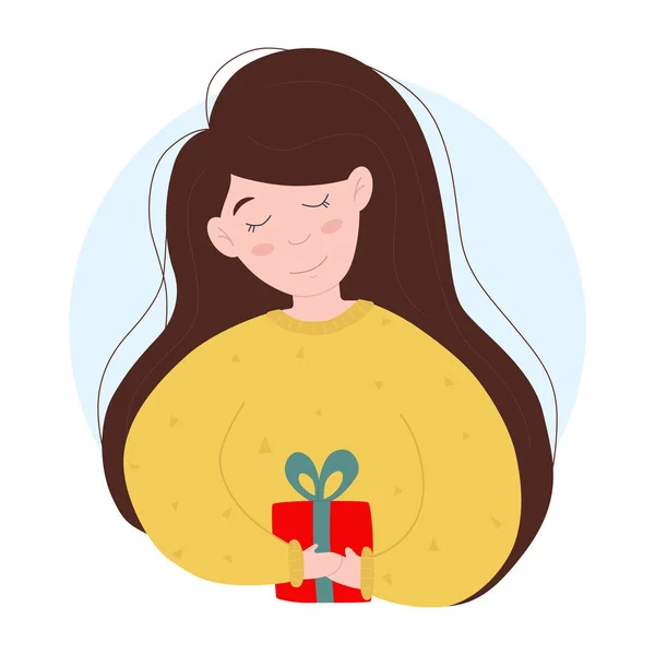 손으로 그린 벡터 삽화: 크리스마스나 새해 선물을 받은 여자. — 스톡 벡터