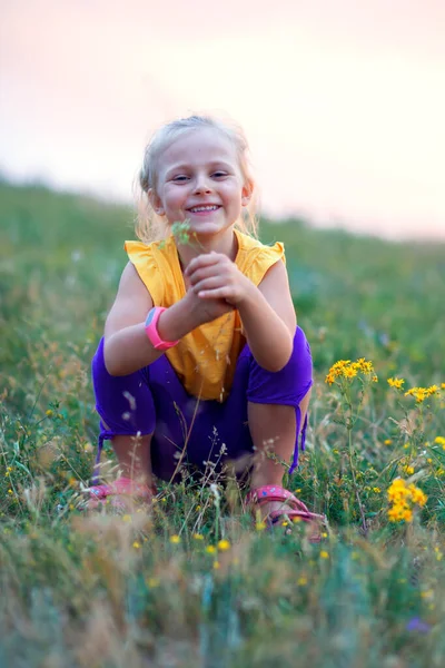 美しい少女は牧草地に座って笑って幸せな子供時代 — ストック写真