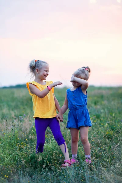 Dua Gadis Kecil Tertawa Bersama Musim Panas Berjalan Pedesaan — Stok Foto
