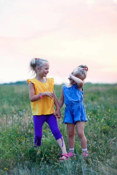 Дві Маленькі Дівчата Сміються Разом Літній Прогулянці Сільській Місцевості — стокове фото