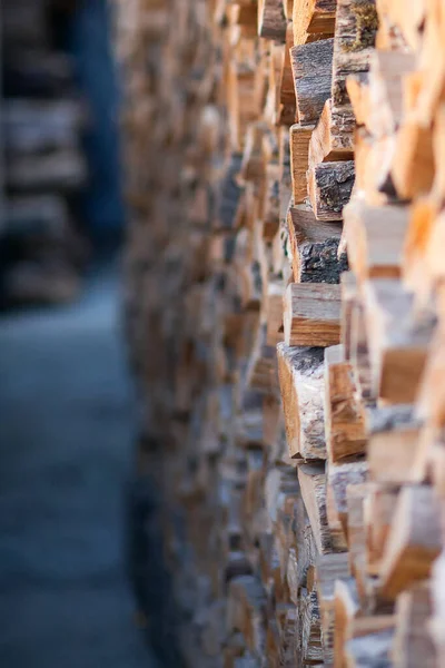 Kütüklerde yakacak odun, büyük küçük doğranmış dallar. Kırık odun depoda. Banyo ve şömine için odun topladım. Yakacak odunların arka planı. Şömine için doğal yakıt ve ısıtma, barbekü, barbekü, barbekü ve et.