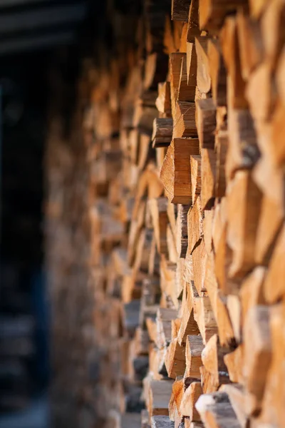 Kütüklerde yakacak odun, büyük küçük doğranmış dallar. Kırık odun depoda. Banyo ve şömine için odun topladım. Yakacak odunların arka planı. Şömine için doğal yakıt ve ısıtma, barbekü, barbekü, barbekü ve et.
