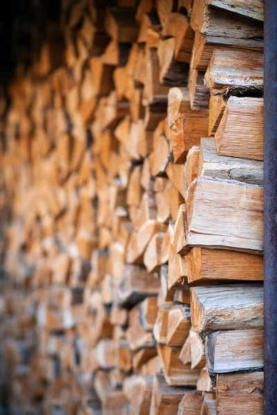 Kütüklerde yakacak odun, büyük küçük doğranmış dallar. Kırık odun depoda. Banyo ve şömine için odun topladım. Yakacak odunların arka planı. Şömine için doğal yakıt ve ısıtma, barbekü, barbekü, barbekü ve et.