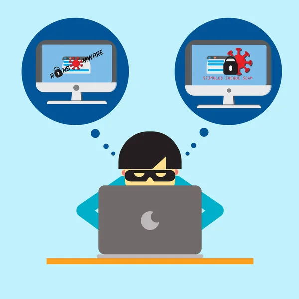 Ein Hacker manipuliert die Coronavirus-Pandemie, indem er das unverdächtige Opfer bestiehlt. Ransomware. Konjunkturpaket — Stockillustration Ein Hacker Manipuliert Die Coronavirus Pandemie Indem Das Unverdächtige Opfer — Stockvektor