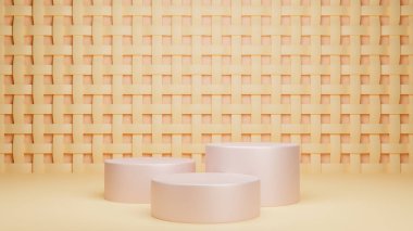 Yumuşak renkli podyumun 3D görüntüsü. Yuvarlak Pedestal ve Kopyalama Alanlı Minimal Stüdyo. , Ürün Sunumu. grafik kaynağı için