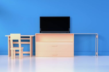 Oturma odasının içi. yumuşak kanepe ve yastık lambanın yanında yumuşak renkli duvar 3D görüntüleme