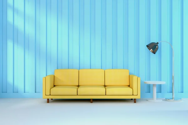 Oturma odasının içi. yumuşak kanepe ve yastık lambanın yanında yumuşak renkli duvar 3D görüntüleme