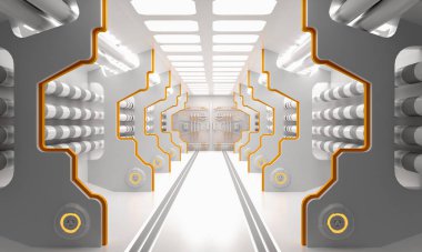 Bilimkurgu grunge hasarlı metalik koridor arkaplanı neon ışıklarıyla aydınlandı 3d görüntüleme -