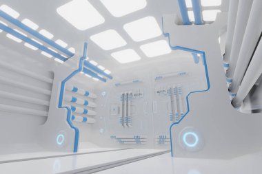 Bilimkurgu grunge hasarlı metalik koridor arkaplanı neon ışıklarıyla aydınlandı 3d görüntüleme -