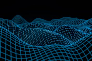 Dijital manzaralı veya dalgalı soyut geometrik arkaplan. Kablo hologramını 3 boyutlu görüntüle