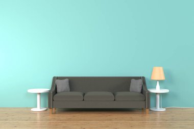 Oturma odasının içi. yumuşak kanepe ve yastık lambanın yanında yumuşak renkli duvar 3D görüntüleme