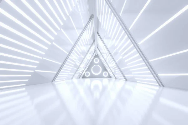 Bilimkurgu grunge hasarlı metalik koridor arkaplanı neon ışıklarıyla aydınlandı 3d görüntüleme -