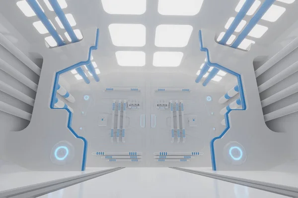Sci Fiグランジがネオン3Dレンダリングで照明された金属製の廊下の背景を損傷 イラスト — ストック写真