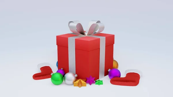 圣诞节红色背景三维渲染与许多物品圣诞节礼物盒雪人金属金球 节日圣诞新年概念 — 图库照片