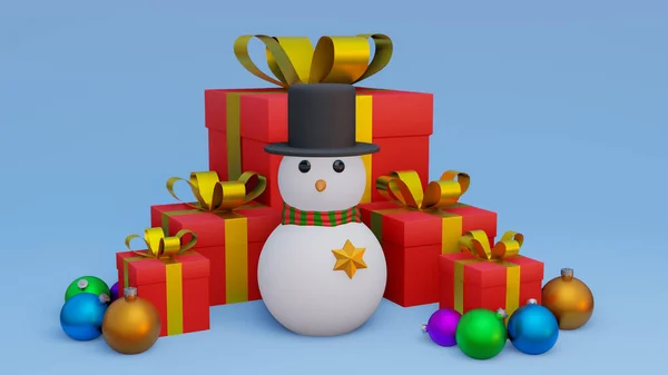 抽象的なクリスマス赤の背景3Dレンダリング多くのオブジェクトのクリスマスツリーギフトボックス雪男金属ゴールドボール ホリデークリスマス新年のコンセプト — ストック写真