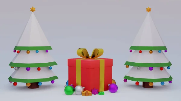 Abstrakt Weihnachten Rot Hintergrund Rendering Mit Vielen Objekten Weihnachtsbaum Geschenkschachtel — Stockfoto