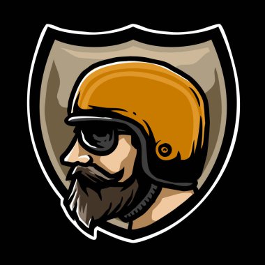 Motosikletli sakallı adamın retro kask çizimi.