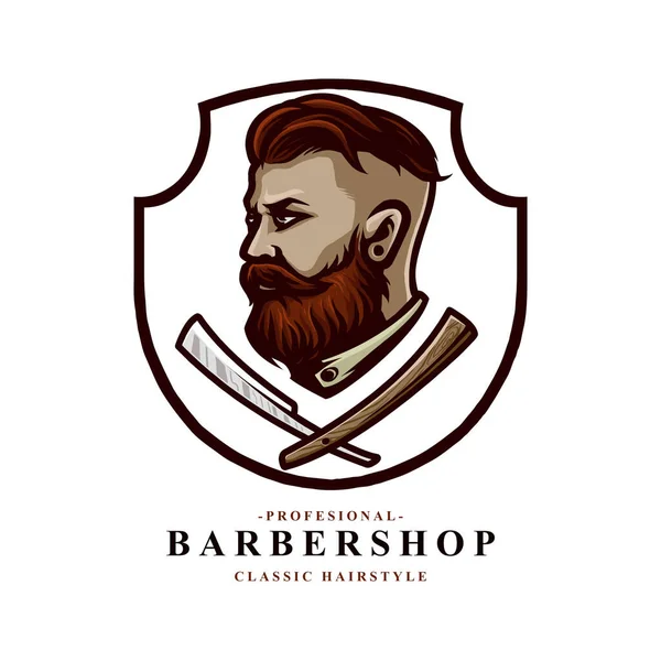 理髪店のロゴに適した髭剃りと剃刀を持つ男のベクトル — ストックベクタ