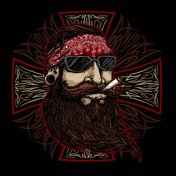 Bearded Man Bandana Cigarette Pin Striping Background Vector Illustration — Stock Vector