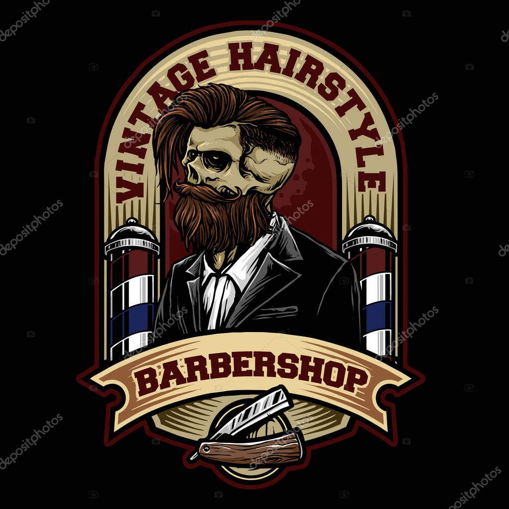 Skull with retro barbershop badge and barbershop tools suitable for barber hairstyle logo
