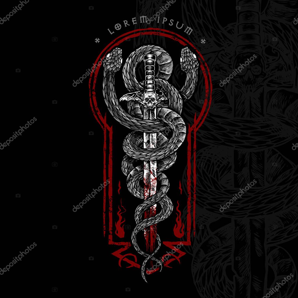 Twin snakes with skull bat wing sword horror concept vector illustration
