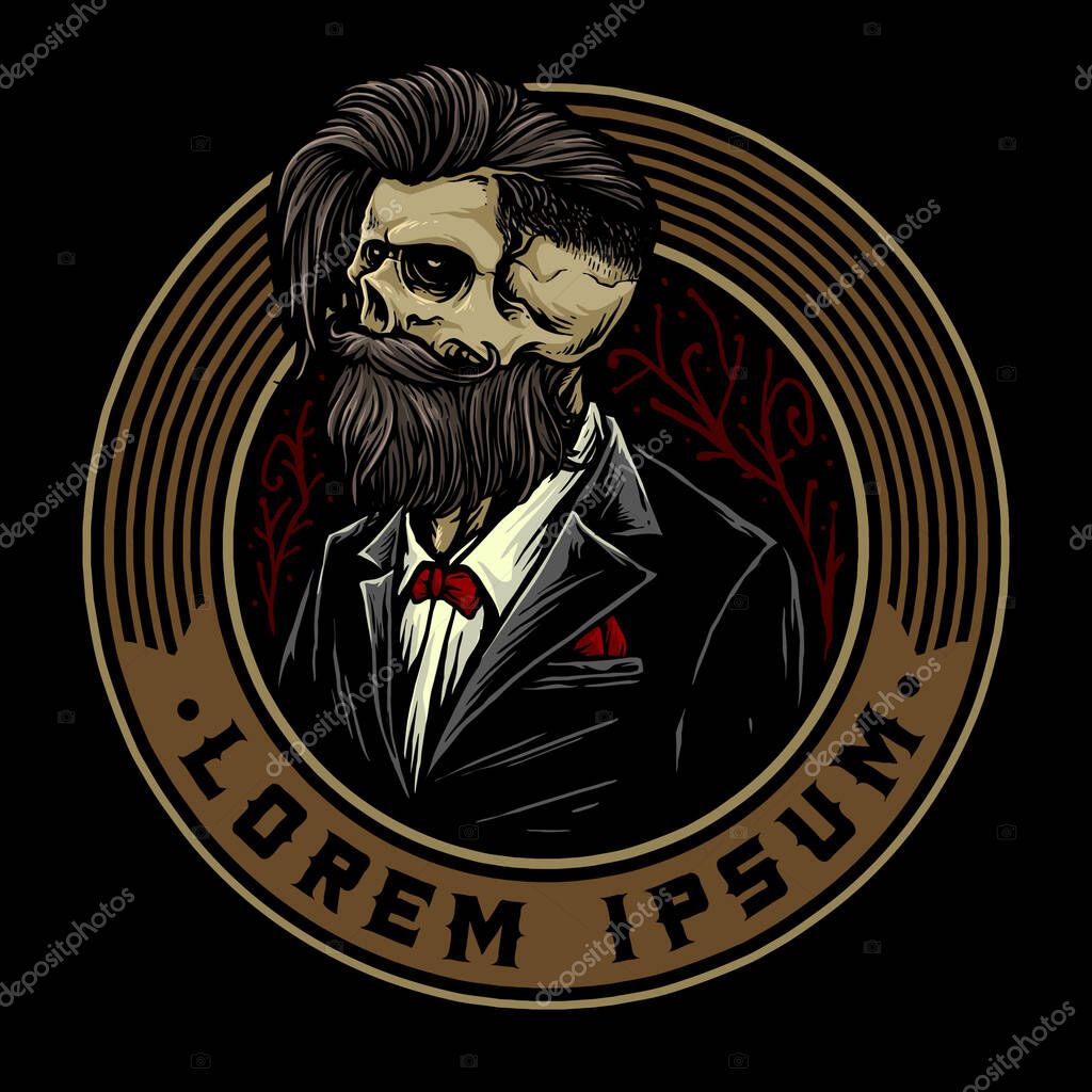 Skull with retro barbershop badge and barbershop tools suitable for barber hairstyle logo