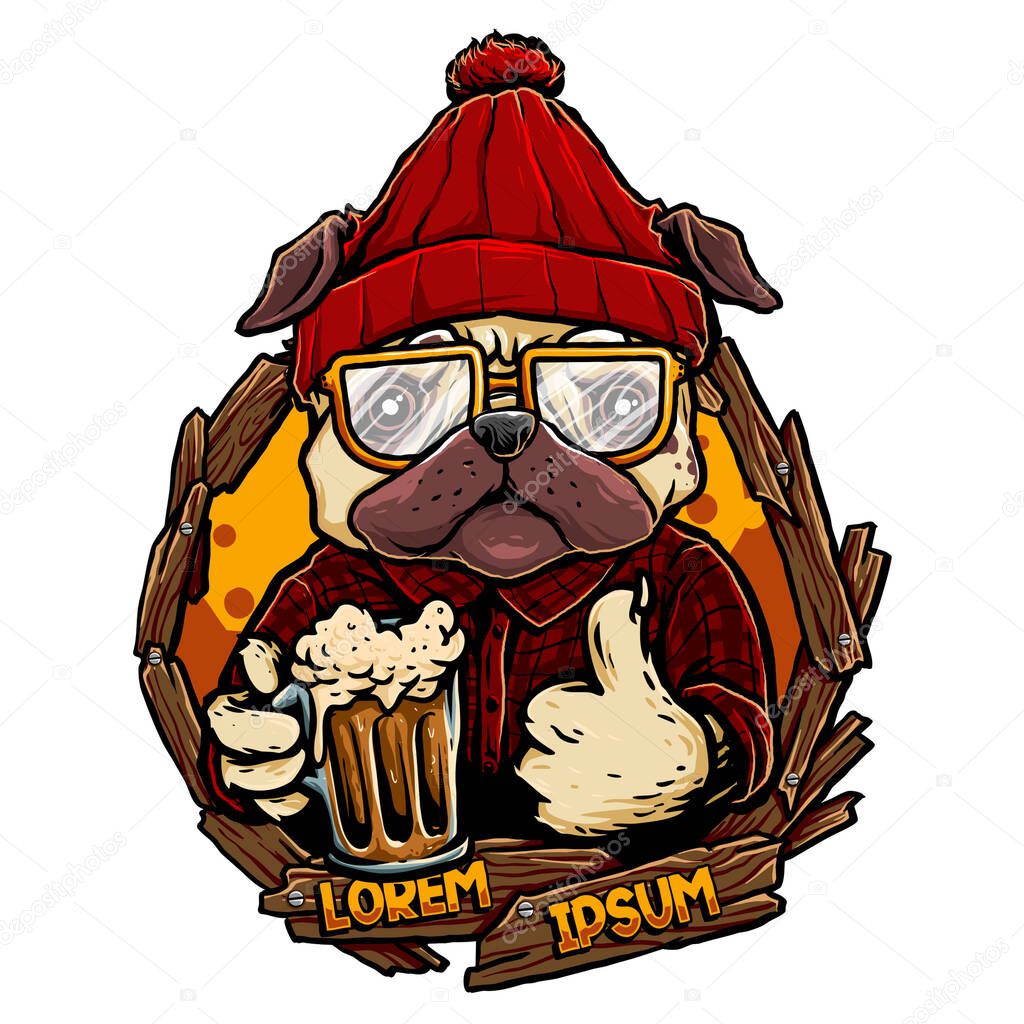 cool dog mascot with a glass of beer and wooden vintage frame vector illustration