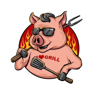 Domuz maskotu barbekü vektör tasarımı