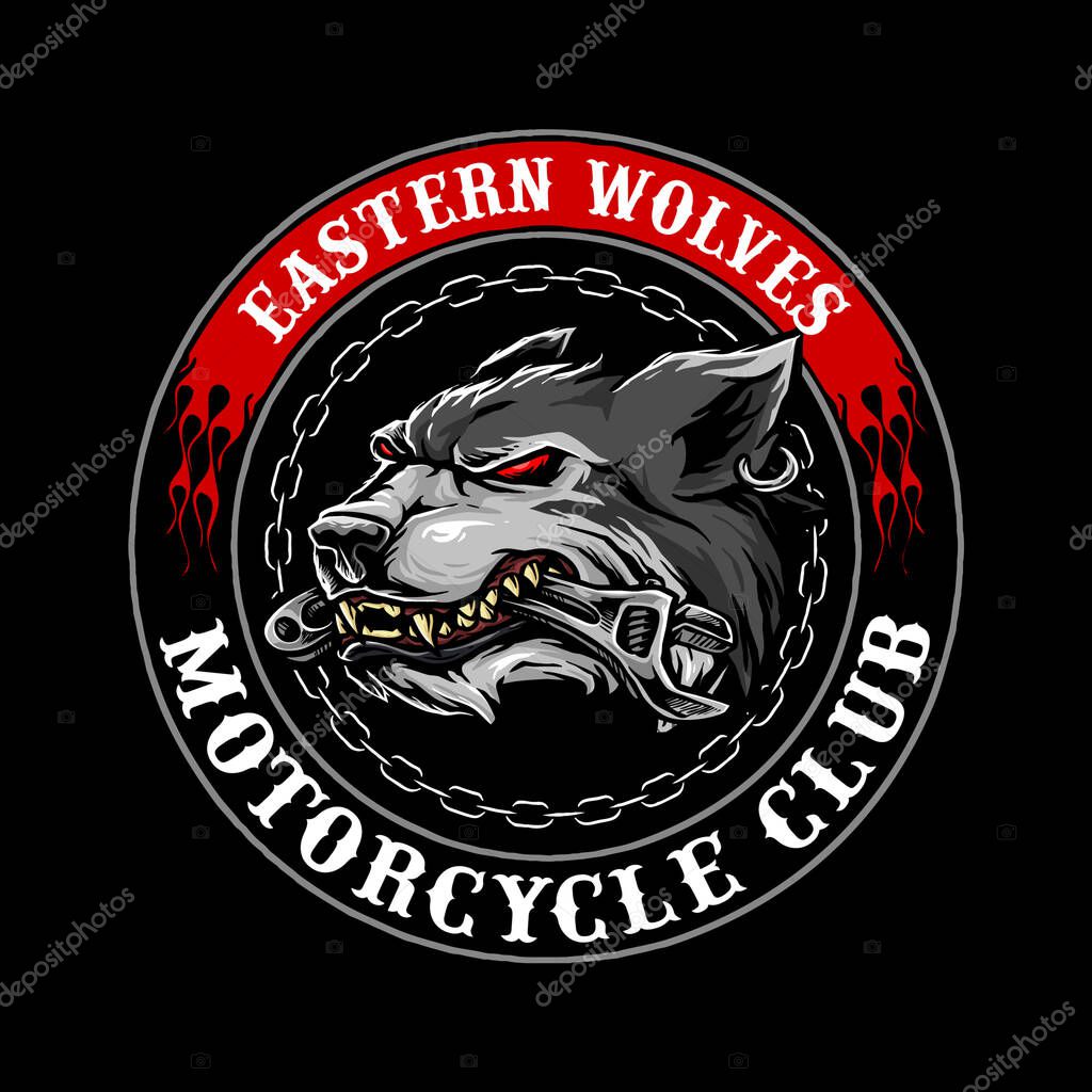 Wolf head with wrench in the mouth logo for motorcycle club vector design