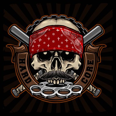 Pirinç muştalı gangster kafatası ve kırmızı bandana vektör tasarımı