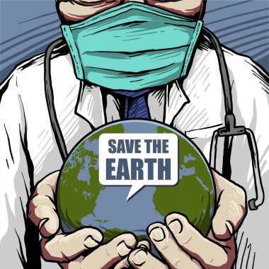Doktor, tıbbi maske tak. Dünyayı koru. Poster tasarımını kurtar.