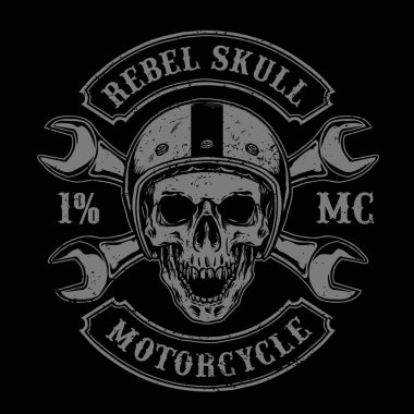 Motosiklet kulübü logosu için uygun antika miğferli ve aletli motorcu kafatasının vektörü
