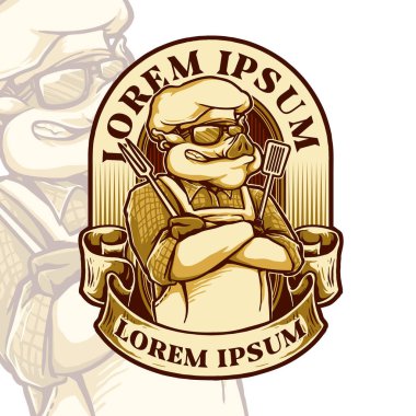 Şef karakterli domuz çatal ve spatula vektör çizimi