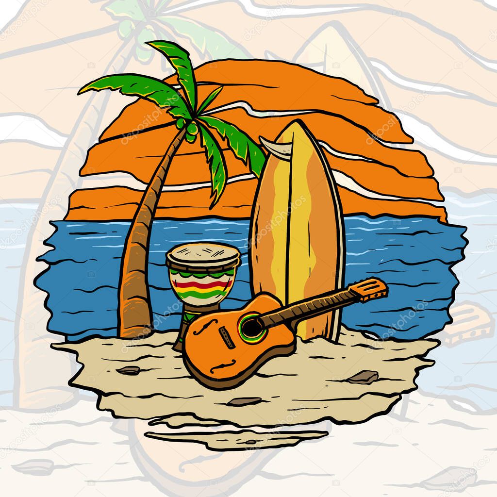 guitar and surfing board in the sun set of beach vector illustration