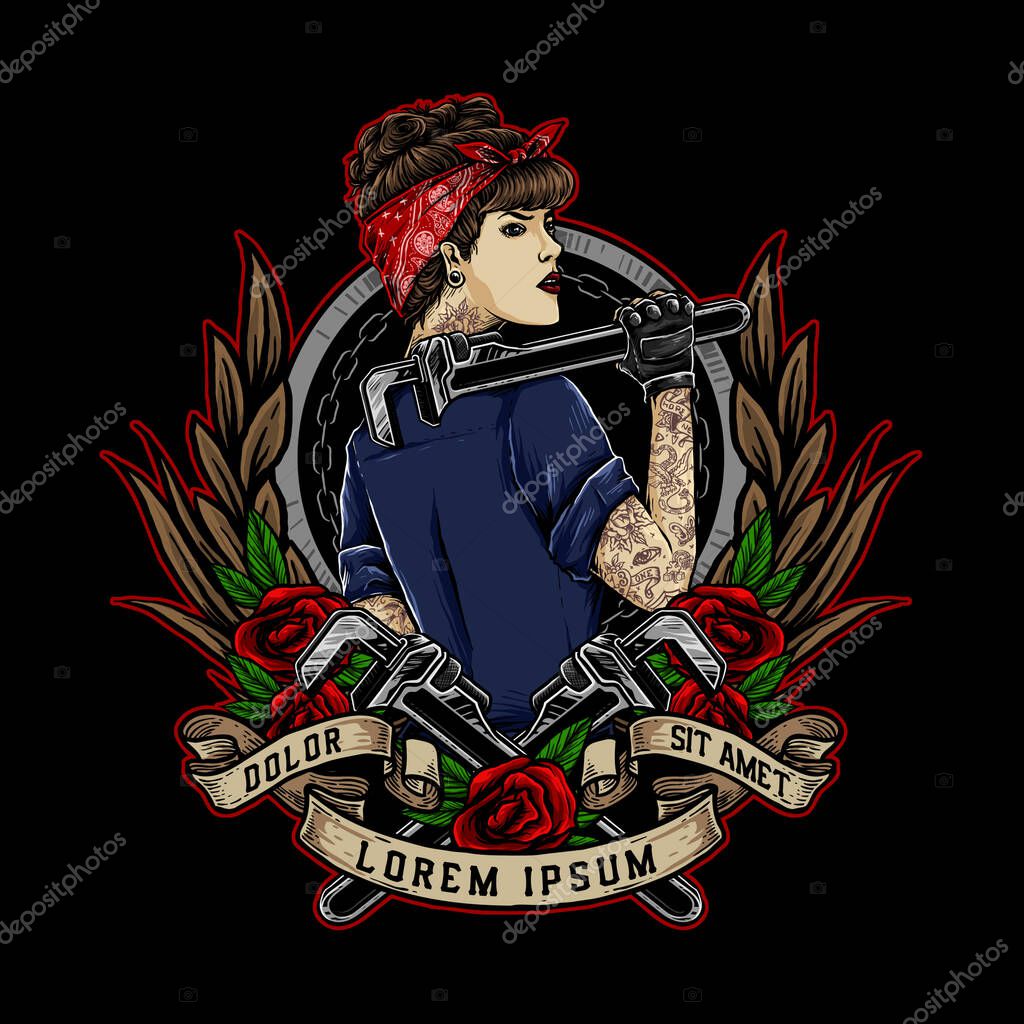 Rockabilly girl or pin up girl hold th wrench and wearing red bandana vector illustration
