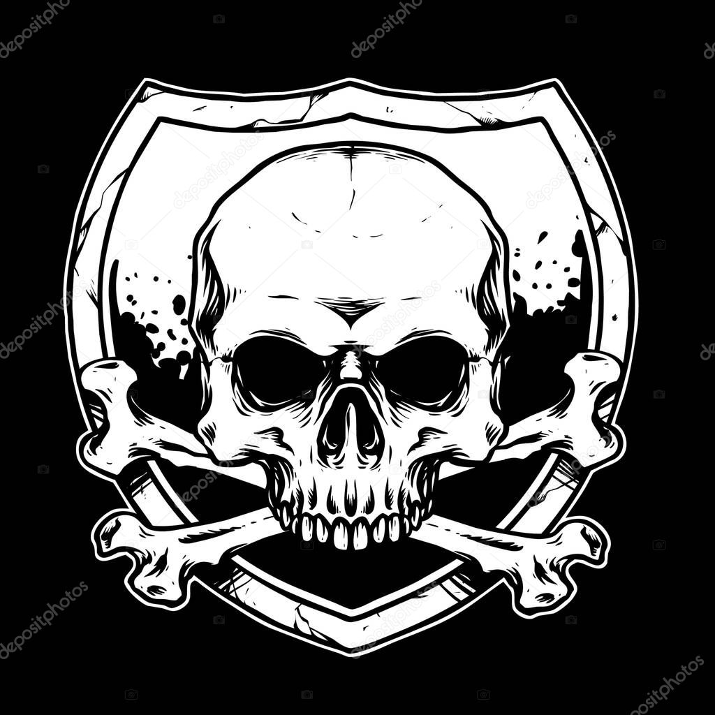 cross bone skull head with shield vector illustration