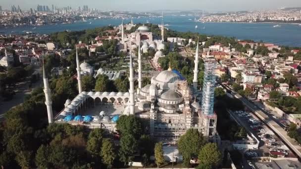 Błękitny Meczet i Hagia Sophia, Stambuł Turcja, Widok z lotu ptaka na muzea religijne — Wideo stockowe