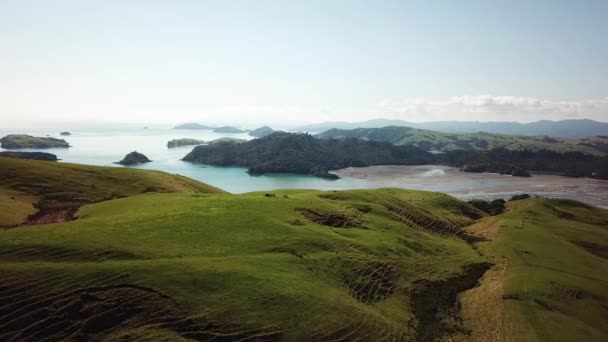 Widok z lotu ptaka na malowniczy krajobraz pól uprawnych Nowej Zelandii i wybrzeża — Wideo stockowe