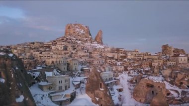 Uchisar Şehri, Kapadokya, Türkiye 'de Kış Sinema Görünümü