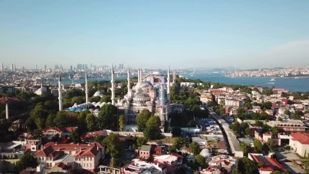 Cinematic Aerial View of Blue Mosque, Downtown Istanbul Turkije in Skyline — Stockvideo