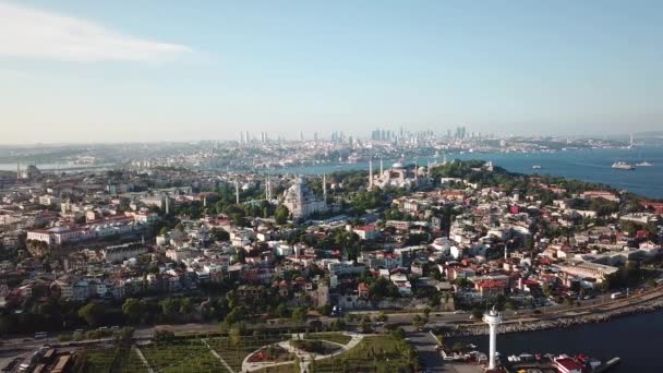 Istanbul Turkey Cityscape Aerial, Bopshorus Golden Horn and Mosques From Marmara — стокове відео