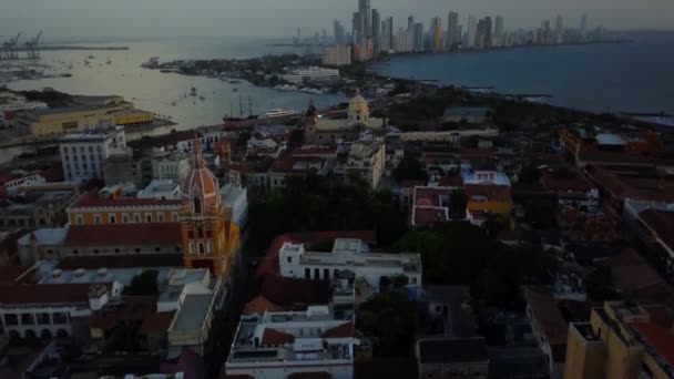 Twilight Aerial View of Cartagena City, Historic District and Harbor, Colombia — 비디오