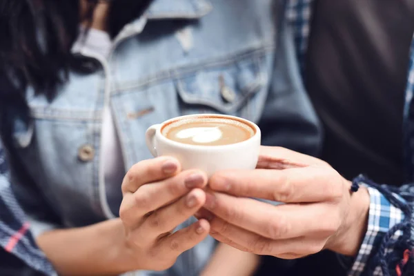 Close Guy Girl Holding Cup Coffee Romantic Concept — Stock Photo, Image