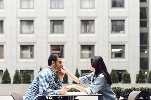 Side View Romantic Couple Sitting Cafe Girl Stroking Face Guy — Stock Photo, Image