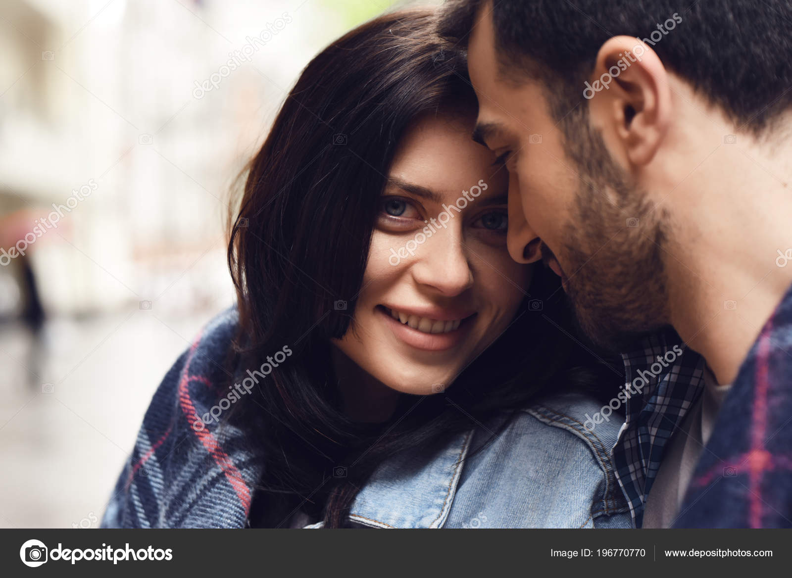 Girl Denim Jacket Covered Plaid Loves Looking Guy Romantic Concept