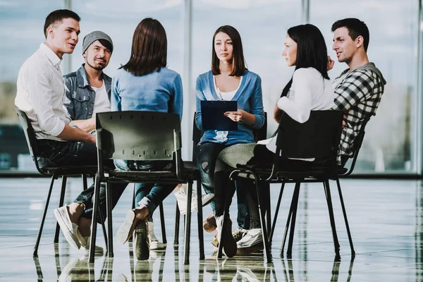 Group Young People Sitting Chairs Circle Supporting Each Other Group — Foto Stock