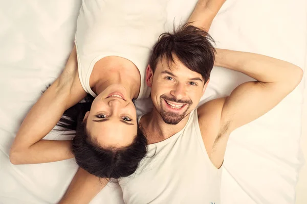 Top view.White young happy married couple — Stock Photo, Image