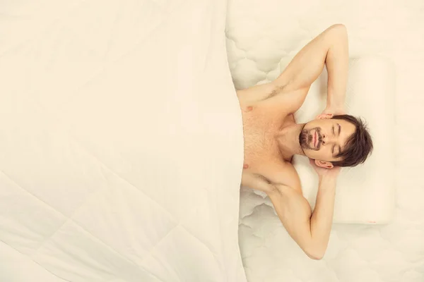 Το Top view. Νέοι λευκό γενειοφόρος άνδρας κοιμάται στο κρεβάτι — Φωτογραφία Αρχείου